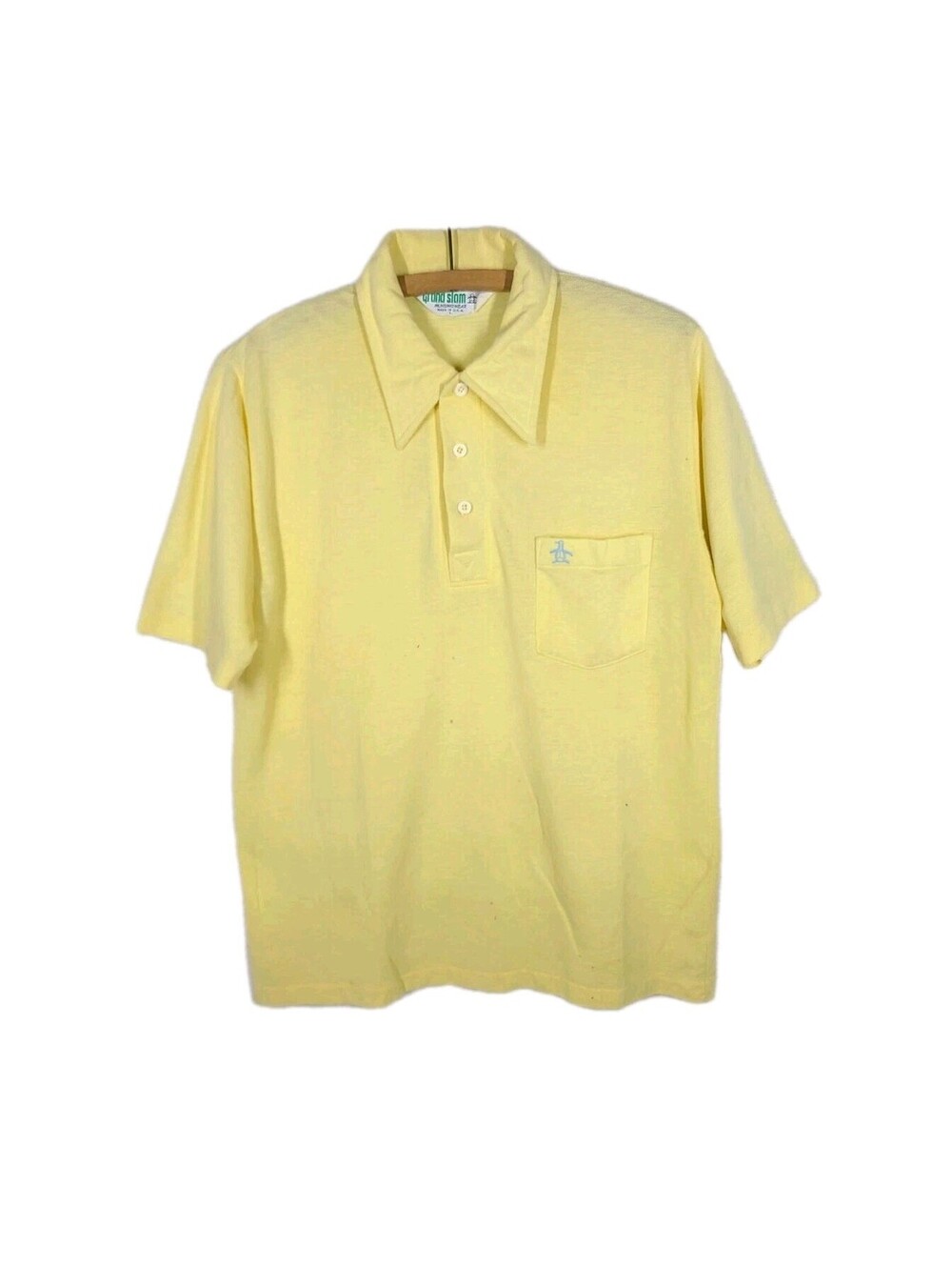 Vtg Grand Slam Polo 70s 80s Mens Large Penguin Embroidery Lemon Yellow Preppy